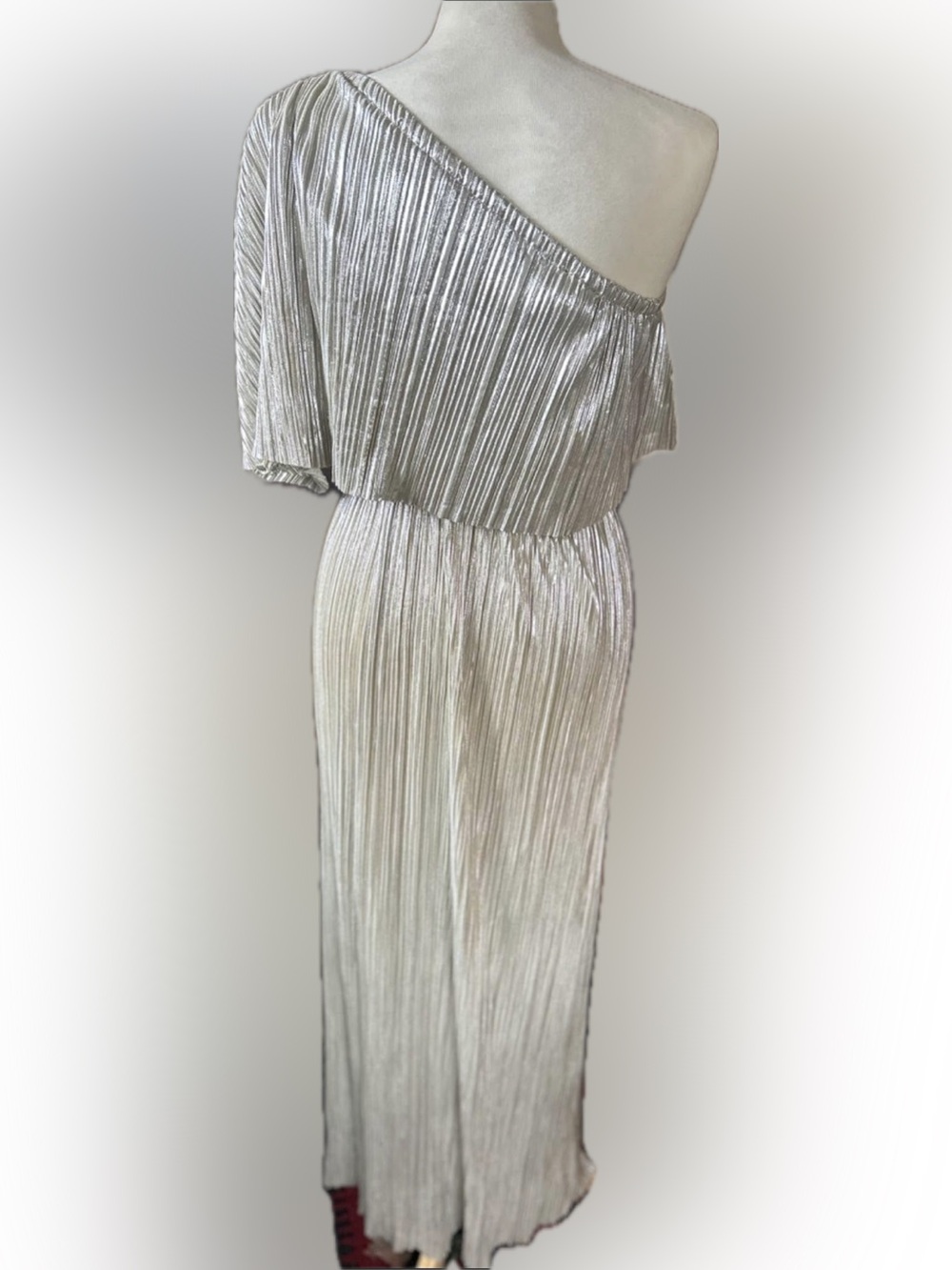 Rachel Zoe Silver One-Shoulder Pleated Maxi Dress